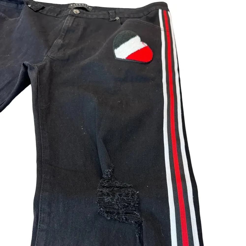 Eternity BC/AD Black Denim Leg Striped + Heart Detail Jeans Tapered Leg Size 42